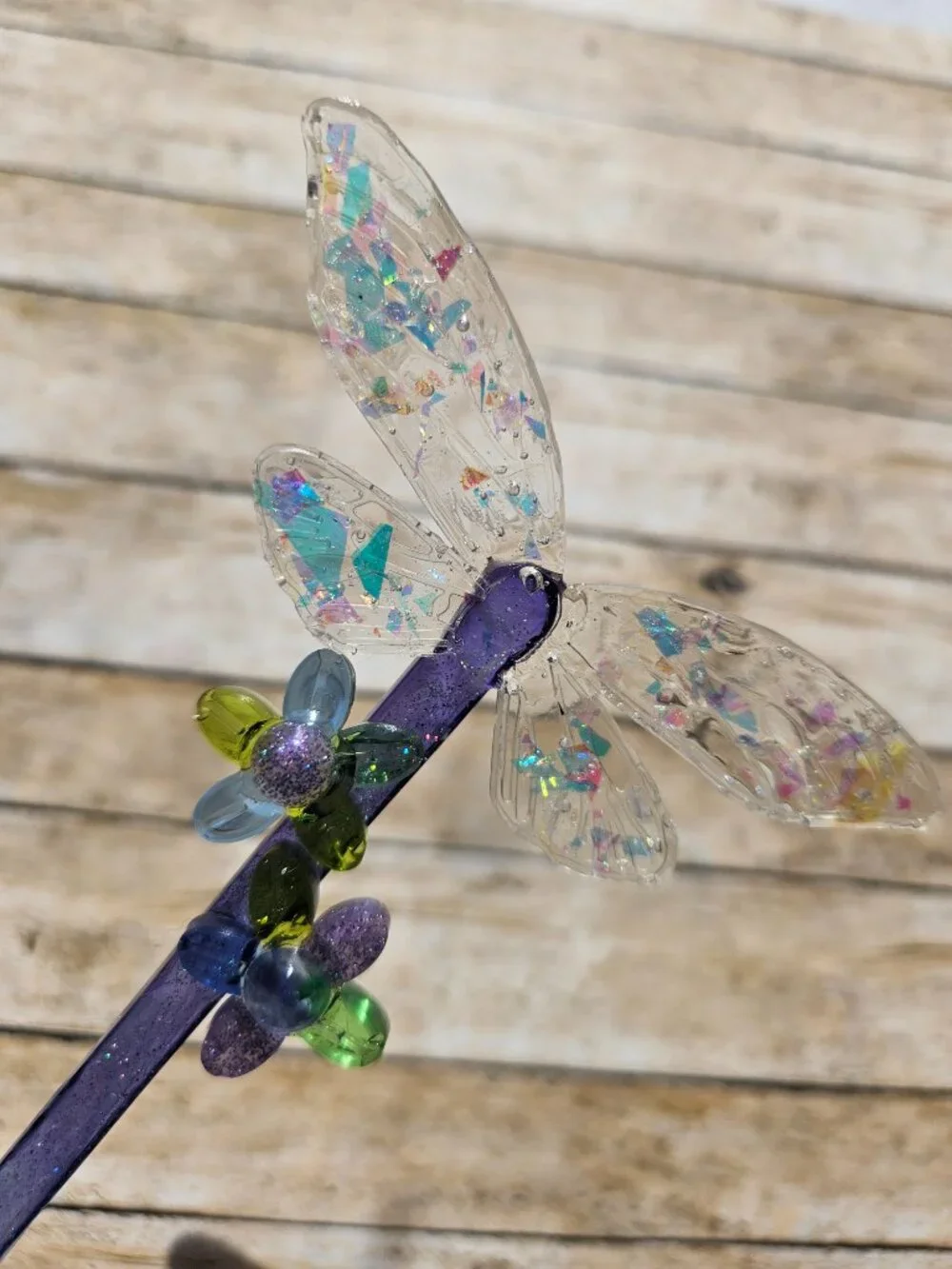 Handmade Resin Hair Stick Dragonfly Wings Flowers Violet Blue Glitter